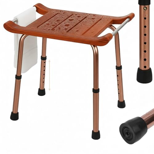 HygiVital Teak Shower Bench Inside Shower, Non-Slip Tub Bath Seat, 7-Level Adjustable Shower Chair for Elderly Disabled, Curved Wood Stool with Drain Grooves, Easy Grip, Lightweight Aluminum, 300 LBS