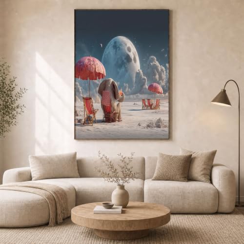 Toile Éléphant Lune tableau decoration murale salon, peinture fantastique grise rose 32x48 inch