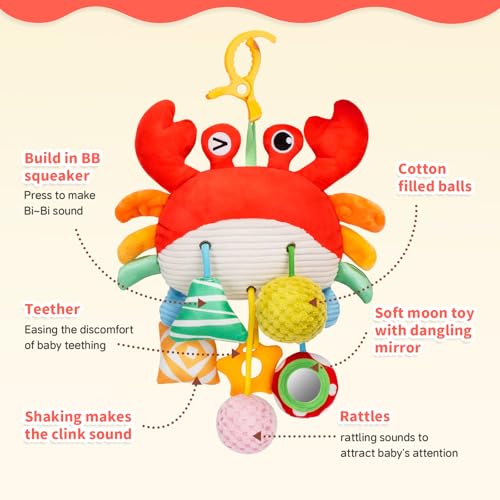 Accevo Baby Crab Pull Seil hängende Spielzeug, Baby Rasseln, Kauspielzeug mit Spiegel für Kleinkinder Bett Kinderwagen Autositz Bar für Babys Geschenke Jungen und Mädchen