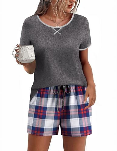 Image of Ekouaer Women Pajama Set Casual Short Set Navy Blue Black & Red Plaid XX-Large