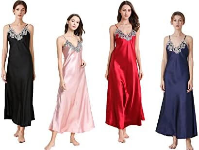 ASHER FASHION Satin Nightgowns for Women Long Silk Nightdress Vintage Lace Chemise Maxi Sleepwear - Image 5