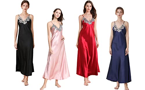 Asher Fashion Asherbaby Women's Nightdress Lace Satin Nightgowns Long Chemise Sleepwear (Us S=Asian Tag M, Pink) #TOP4