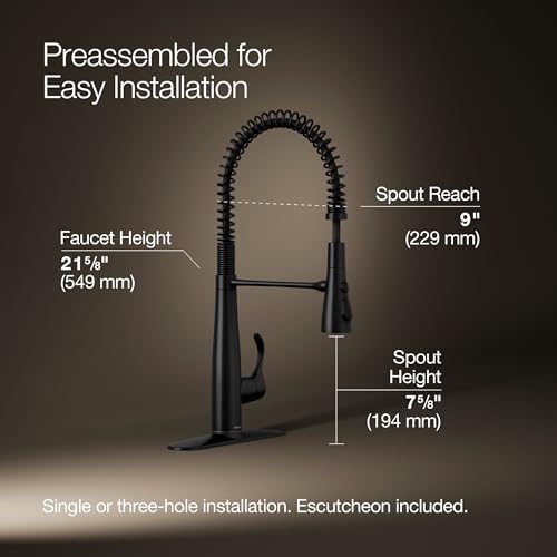 Image of KOHLER 22033-BL Simplice Semi Professional Kitchen Sink Faucet, Three Function Sprayhead, Commercial Faucet, Matte Black
