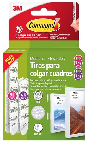Command Strisce Appendi Quadri Adesive Bianche, 12 Coppie (4 Medie M + 8 Grandi L), per Appendere Quadri, Cornici e Specchi al Muro Senza Chiodi
