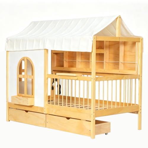 Image of House Bed with Tent and Bookshelf, 2 Drawers,USB Charging
