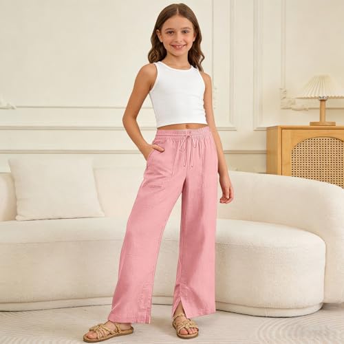 Image of Girls Linen Pants Wide Leg School Uniform Pants Cozy Elastic Waist Summer Casual Beach Lounge Trousers with Pockets