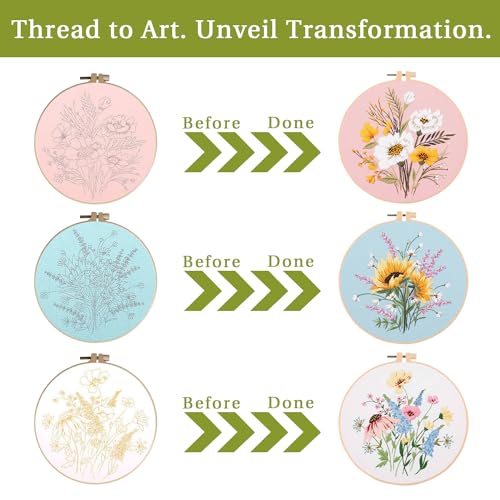 Image of EOBTAIN 3 Pcs Pink Floral Embroidery Kit for Beginners, Plant Flower Embroidery Kits for Adults,Embroidery Starter Kit with Pattern,Hoop,Thread,Needles,Hand DIY Craft Kits for Adults