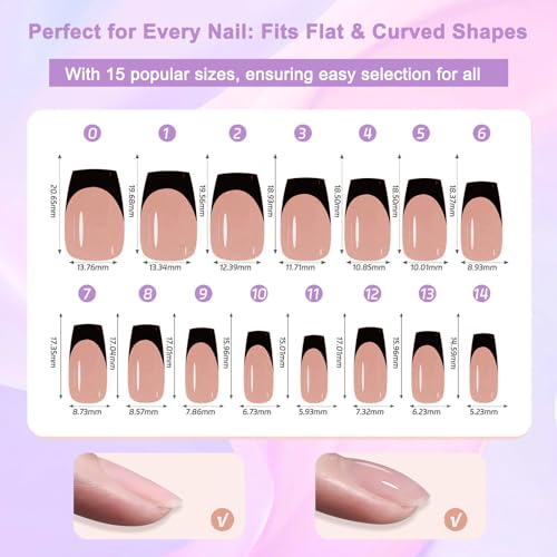 French Gel Nail Tips, 150pcs Black French Tip Press on Nails Soft Gel Fake Nails, 3 in 1 X-coat Pre-Applied Tip Primer & Base Coat, 15 Sizes for DIY Nail Extension, No Filing Required (NT087-No.12) — view 6