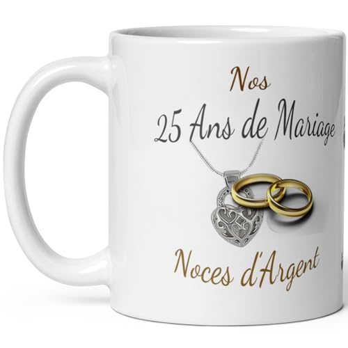 Mug anniversaire mariage 25 ans noces d'Argent tasse vingt cinq ans mariage Idée Cadeau Originale mari femme couple noel fete époux épouse céramique 325ml