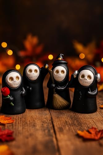 khevga Set di 4 statuette decorative per Halloween – Mini Grim Reaper figure decorative in nero – divertenti motivi di falciatura – decorazione da tavolo, personaggio da collezione, idea regalo, stile