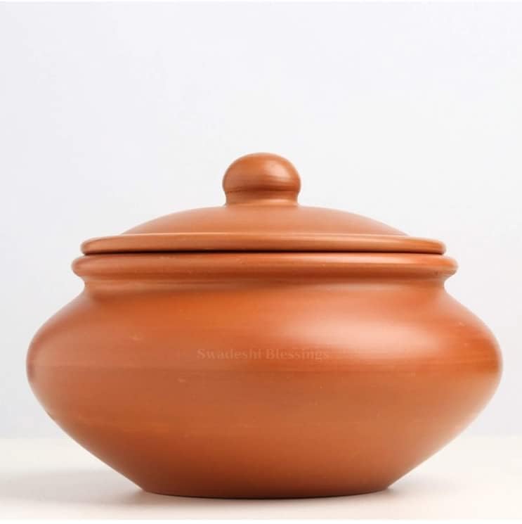 Swadeshi Blessings HandMade Unglazed Earthen Dahi Handi/Curd Pot/Mitti Handi/Clay Pot with Lid for Serving (with Natural White Firing Shade & Stone Finished Mirror Shine)