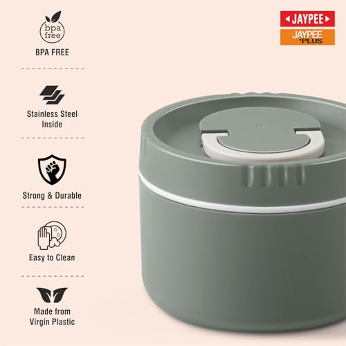 Image of Jaypee Plus Snackpac Sr. Airtight Leakproof Container 500 ml Lunch Box for School, Office, Ideal for Snacks and Meal, Keeps Food Hot & Fresh Inner Stainless Steel Easy to Carry Handle, Greenish Green
