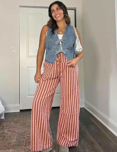 Image of Kissonic Women Striped Pants Casual Drawstring Wide Leg Trousers Loose Lounge Pajama Pants with Pockets
