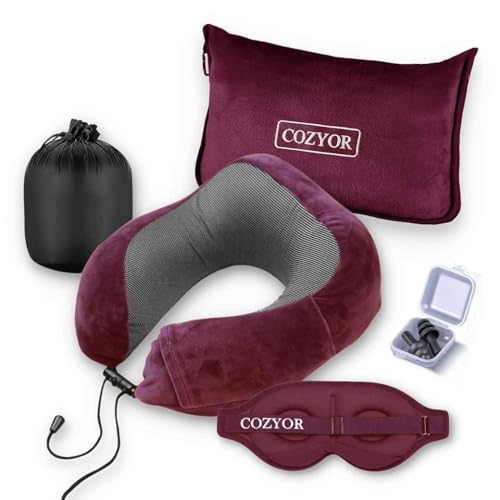 Cozyor Reiseset 4-teilig: Nackenkissen + Schlafmaske + Reisekissen & Reisedecke 2 in 1 + Ohrstöpsel, mit Rucksack-Clip & Kofferbefestigung rot