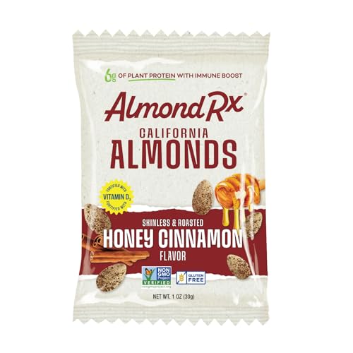 Image of AlmondRx | Heart Healthy Skinless Lightly Salted California Almond Snack Packs | Fortified with Vitamin D | Plant Protein | Keto | Vegan | No Sugar Added (24 Pack, Honey Cinnamon)