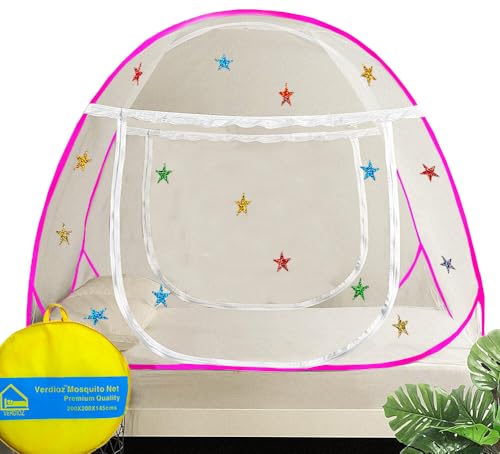 Image of VERDIOZ Mosquito Net for Double Bed King Size with Multicolor 4cm Glittery Star Design | Strong 28 GSM White Net | White PVC Coated Steel Wire | 2 Doors Foldable Machardani - (Pink with Stars)
