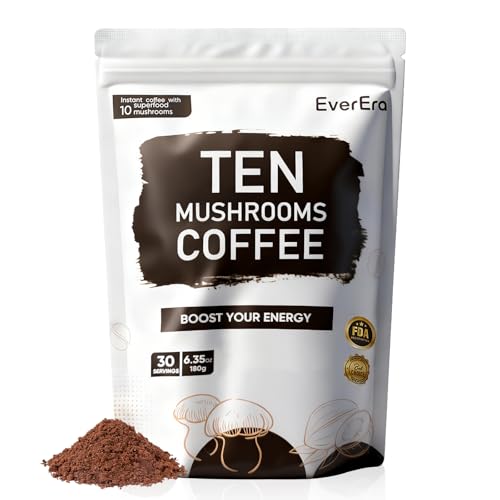 EverEra Organic Mushroom Coffee, 10-in-1 Blend Featuring Lions Mane, Cordyceps, Ginseng, and more. This Instant Coffee Boosts Energy, Digestion, and Immunity. Everyday Coffee Dose, 30 Servings