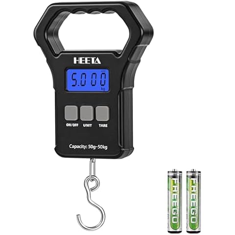 HEETA Fish Scale, 110lb/50kg Digital Portable Hanging Fishing Weight Scale with Backlit LCD Display, Luggage Scale with Hook & Non-Slip Large ABS Handle & 2 AAA Batteries, Fishing Gift for Men, Black Cover