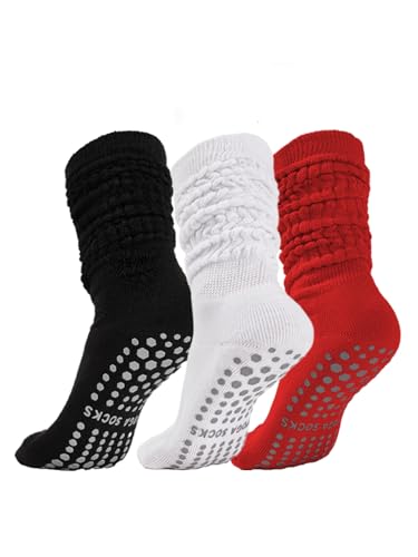 Pilates Socks with Grips for Women, Yoga Slouch Socks, Non Silp Scrunch Slipper Long Sock for Hospital Barre Workout