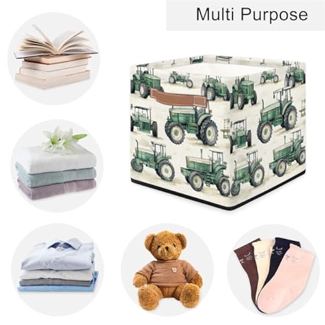 13x13 Storage Cube Green Tractor Fabric Collapsible Storage Bins with Handles Large Decorative Storage Box for Organizing Closet, Clothes, Shelf, Shelves, Office