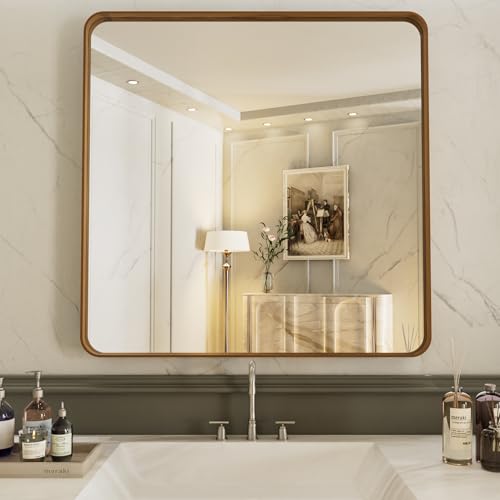 LOAAO 36X36 Inch Bathroom Mirror with Wood Grain Colored Metal Frame, Rounded Rectangle Metal Framed Bathroom Mirror, Anti-Rust, Hangs Horizontally or Vertically, Tempered Glass