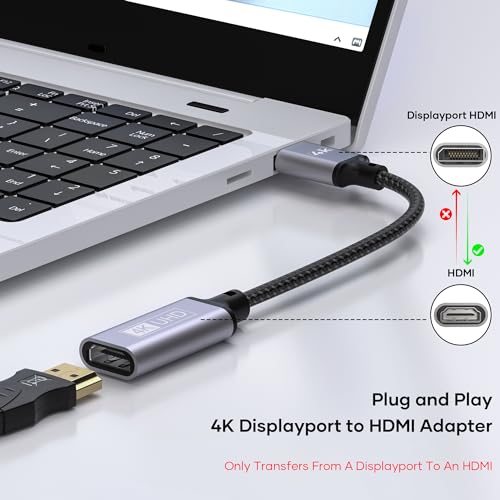 Tanzato DisplayPort Auf HDMI Adapter - Geflochten 4K Stecker Auf Buchse Unidirektional - Kompatibel Mit Laptops, Desktops, Lenovo, Dell, HP, HDTV, Projektor
