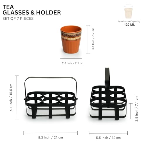 Image of ExclusiveLane 'Geometric' Ceramic Kullad Cups Set of 6 (Microwave Safe, 120 ml Each)|Ceramic Tea Cups Set of 6 Chai Kulhad Chai Cups Cutting Tea Glasses with Stand Kuhlad Cup Set