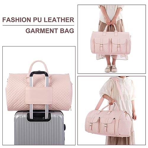 Image of Convertible Carry on Garment Bag for Women,Leather Garment Bags for Travel with Shoe Pouch 2 in 1 Hanging Suitcase Suit Bag for Women Travel Bags for Women Duffle Bag Garment Bag Gifts, Pink-2Pockts-gz