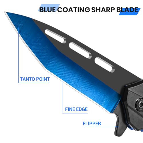 FUNBRO Pocket Knife for Men, Spring Assisted Folding Knife with 3.4” Stainless Steel Sharp Blade, Cool Flipper Open EDC Knives with Clip for Outdoor Camping Hiking, Gifts for Dad Him Husband (Blue)