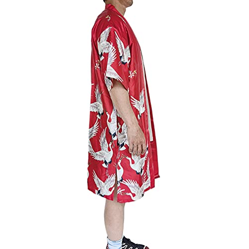 HAORUN Men Japanese Kimono Coat Loose Yukata Outwear Long Bathrobe Tops Vintage (Red-Satin, Large, l)2