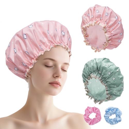 CHAOFANXI 2 Sets Shower Caps for Women Girls, Reusable Shower Cap, Environmental Protection Hair Bath Caps, Double Waterproof Layers Bathing Hat, Large Size for All Hair Lengths, Green Purple