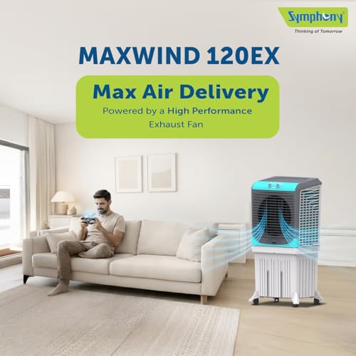 Image of Symphony Maxwind 120EX Desert Air Cooler | Powerful Exhaust Fan | 3-Side Honeycomb Cooling Pads | CFD Technology | Energy-Efficient Cooling | Easy-Fill Tank | 1 Year Warranty