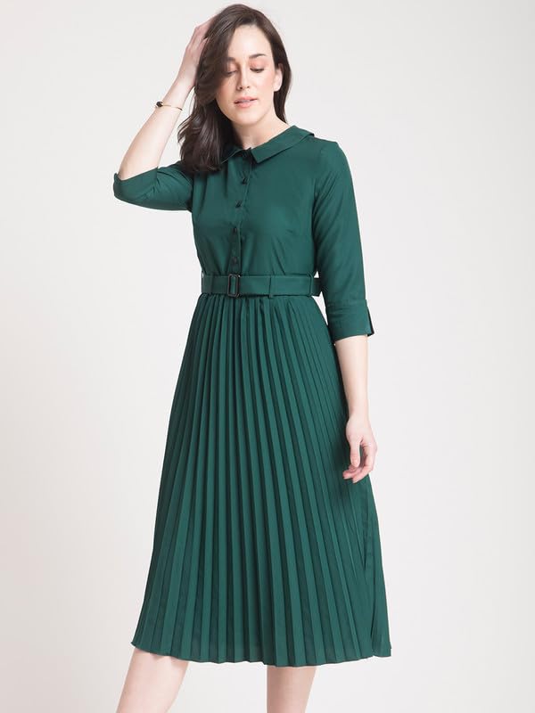 Image of FableStreet Women's Polyester Peter Pan Collar Pleated A Line Midi Dress |Women Formal Dress Smooth Fabric with Belted Waist & Front Slit for Office & Business Events