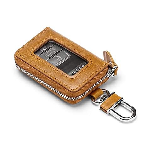 BAKUN Premium Mini Leather Car Key Case, Car Smart Key Chain Holder Wallet Zipper Bag for Remote Key Fob(LightBrown) Cover