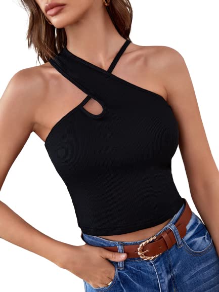 GORGLITTER Women's Criss Cross Halter Crop Tops Cut Out Asymmetrical Ribbed Knit Cami Top