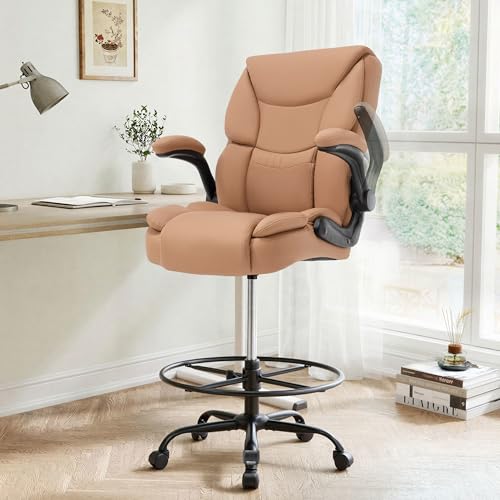Ergonomic Drafting Chair, Tall Office Chair for Standing Desk, High Back Standing Desk Chair with Flip-Up Armrest, Adjustable Height&Foot Ring, Executive PU Leather Extended Height Office Chairs,Brown