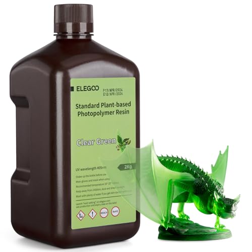 ELEGOO Plant-Based Standard 3D Printer Resin with Ultra-low Odor and High Precision, 405nm UV Photopolymer Resin, Quick Curing for Resin 3D Printing - Clear Green 2KG ELEGOO Plant-Based Standard 3D Printer Resin with Ultra-low Odor and High Precision, 405nm UV Photopolymer Resin, Quick Curing for Resin 3D Printing - Clear Green 2KG