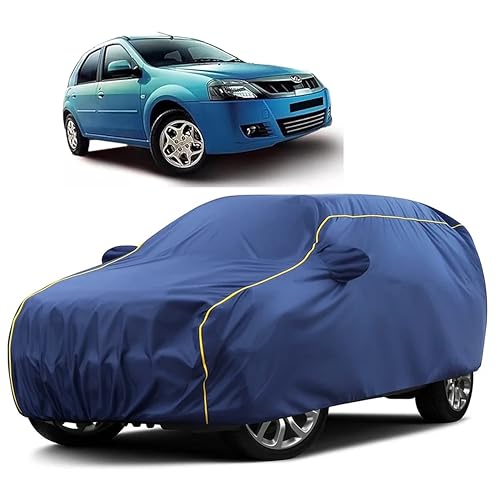 Image of Sulfar 100% Water Resistant Car Body Cover Compatible with Mirror for Mahindra Verito Vibe (Triple Stitched, Full Bottom Elastic, Blue Taffeta with Yellow Piping)