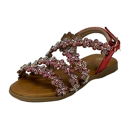 Little Girls Open Toe Sandals With Rhinestone Flower Accents With Buckle Up Straps