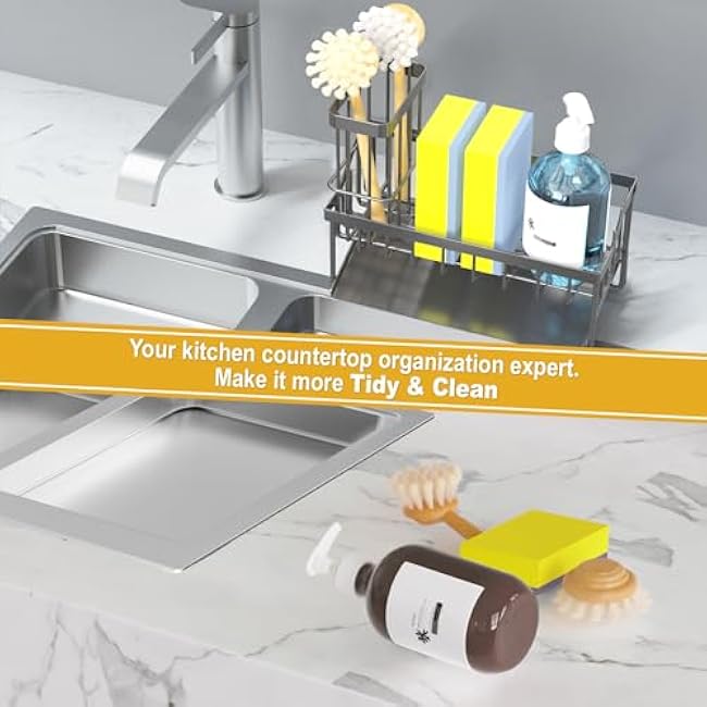 Vanwood Sink Caddy Sponge Holder for Kitchen Sink with Brush Holder, Kitchen Cocina Organizer and Storage Dish Soap Sponge Caddy with Auto Stainless Steel Draining Tray for Counter