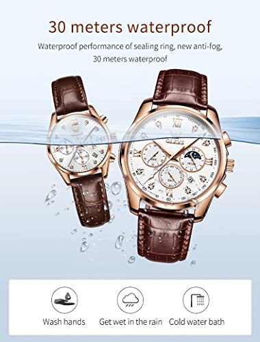OLEVS Valentines Couple Pair Quartz Watches His and Her Couple Set Leather Chronograph Diamond Wrist Watch Men Women Lovers Wedding Romantic Gifts Set of 2