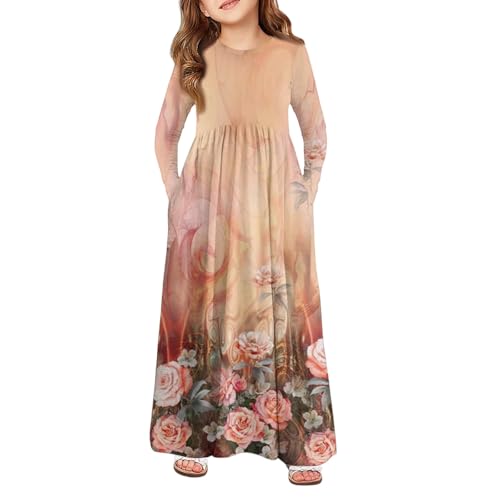 Girls Floral Maxi Dress Long Sleeve Soft Casual Princess Gown