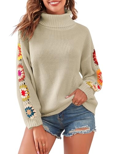Image of ZAFUL Flower Crochet Turtleneck Sweater for Women Pullover Puff Long Sleeve Boho Knit Sweaters Trendy Knitwear Tops