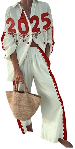 Women 2 Piece Graphic Outfits Long Sleeve Button Up Shirt + Wide Leg Pants Boho Vacation Beach Set Y2k PJ Sleepwear
