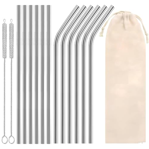 Juego de 15 pajitas reutilizables de acero inoxidable, incluye 2 cepillos para pajitas y bolsa de algodón, 215 mm, ideal para cócteles, batidos y bebidas calientes y frías