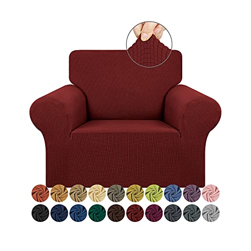 KEKUOU Stretch Single Sofa Slipcover 1 Piece Couch Sofa Cover (31"-55") Furniture Protector 1 Seater Sofa with Elastic Bottom for Kids,Pet.Jacquard Small Checked Pattern Fabric(Small,Dark Red)