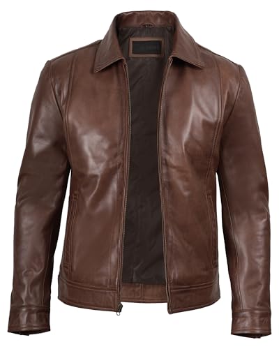 Image of Blingsoul Vintage Distressed Leather Jacket for Men - Shirt Collar Genuine Lambskin Mens Leather Jacket