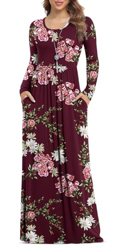 VIISHOW Women's Long Sleeve Floral Dress Loose Plain Maxi Dresses Casual Long Dresses with Pockets(Floral Wine red,3X-Large)