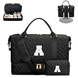 CLOUDWINGS Valentines Gifts for Women Girls Initial Travel Duffle Bag Quilted Weekender Carry-On Overnight with Cosmetic Bag, Gym Bag with Shoe Compartment, Black A