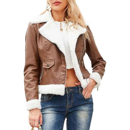 Veste de moto en cuir synthétique chaude pour femme blouson court fausse fourrure